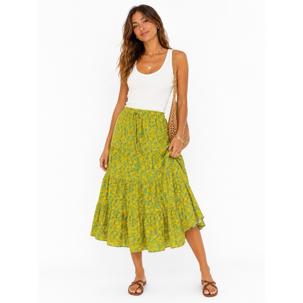 bocabay Tropical Tiered Midi Skirt yellow  Green Botanical 100% Cotton PM Resort